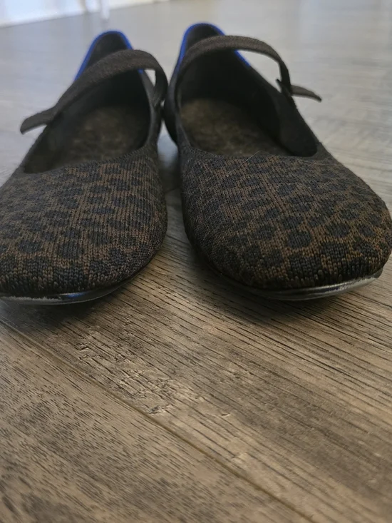 Rothy's Leopard Knit Mary Jane Flats in Brown & Black with Blue Trim - Picture 3 of 5